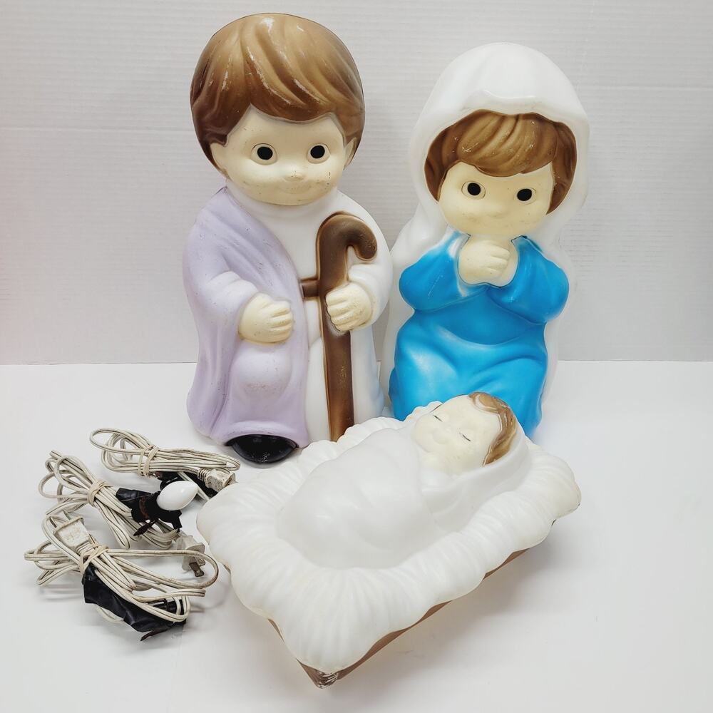 Vtg 1996 Empire Christmas Lighted Blow Mold Child Nativity Set Mary Joseph Jesus
